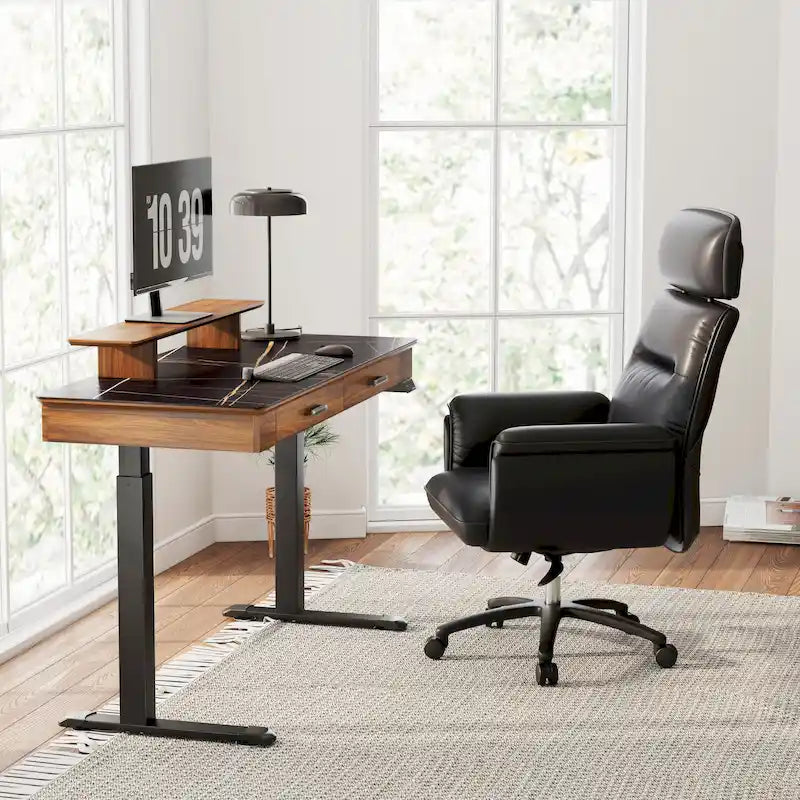 Bureau assis-debout ergonomique Eureka 55 couleur ardoise, avec 2 tiroirs et support pour écran.