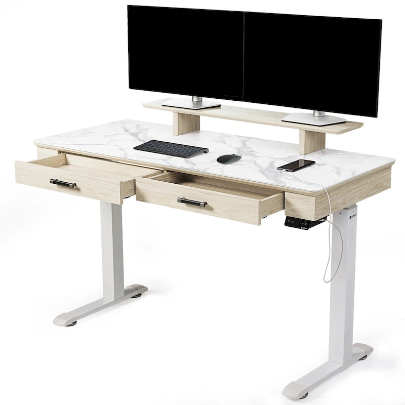 Bureau assis-debout ergonomique Eureka 55 couleur ardoise, avec 2 tiroirs et support pour écran.