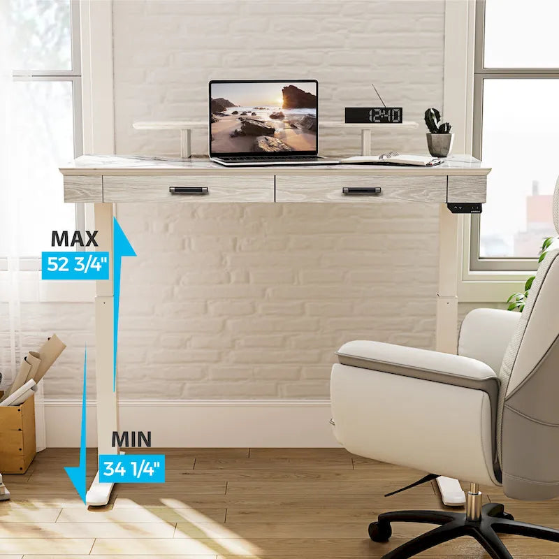Bureau assis-debout ergonomique Eureka 55 couleur ardoise, avec 2 tiroirs et support pour écran.