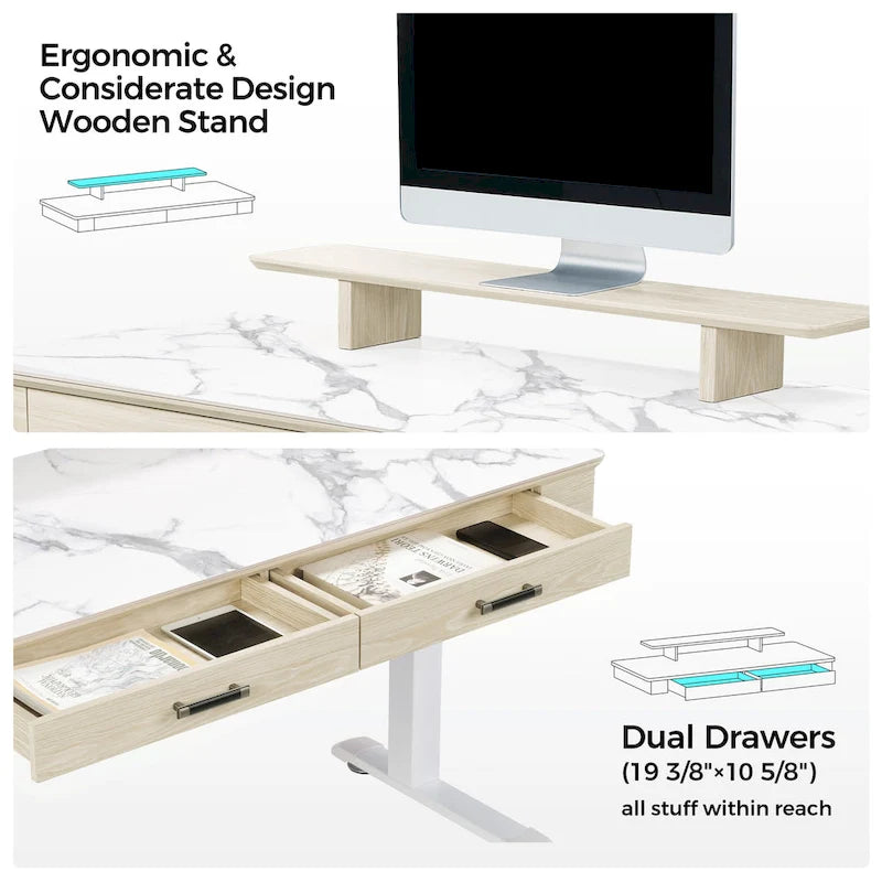 Bureau assis-debout ergonomique Eureka 55 couleur ardoise, avec 2 tiroirs et support pour écran.