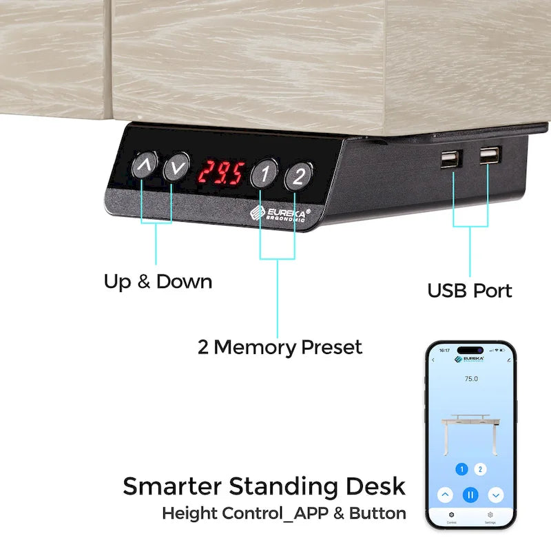 Bureau assis-debout ergonomique Eureka 55 couleur ardoise, avec 2 tiroirs et support pour écran.