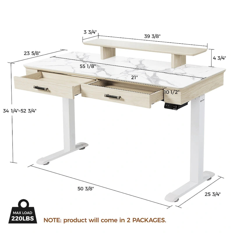 Bureau assis-debout ergonomique Eureka 55 couleur ardoise, avec 2 tiroirs et support pour écran.