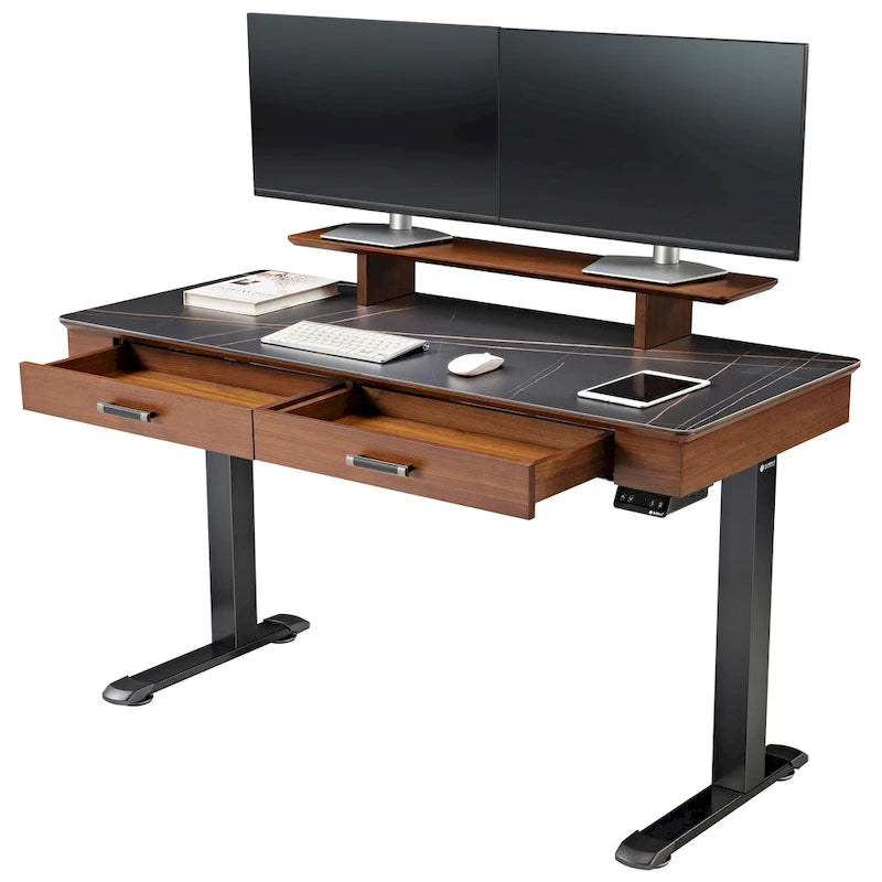 Bureau assis-debout ergonomique Eureka 55 couleur ardoise, avec 2 tiroirs et support pour écran.
