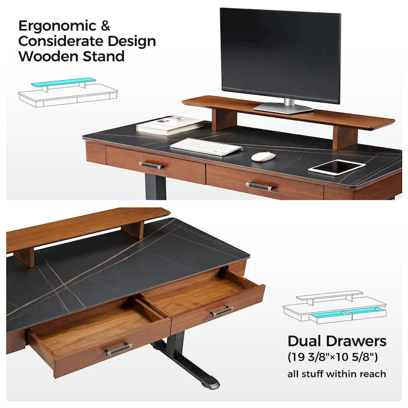Bureau assis-debout ergonomique Eureka 55 couleur ardoise, avec 2 tiroirs et support pour écran.
