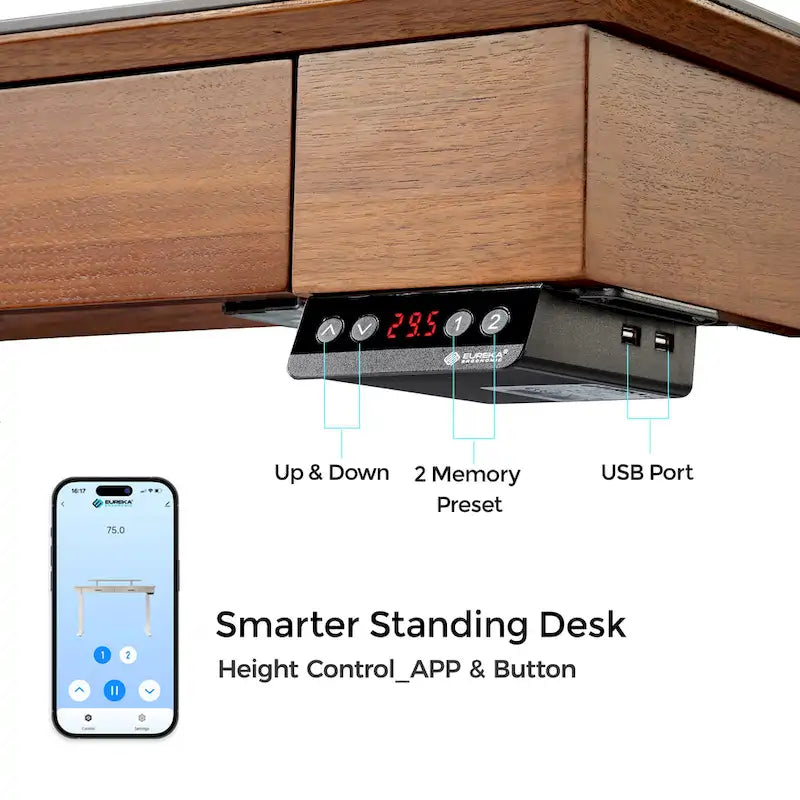 Bureau assis-debout ergonomique Eureka 55 couleur ardoise, avec 2 tiroirs et support pour écran.