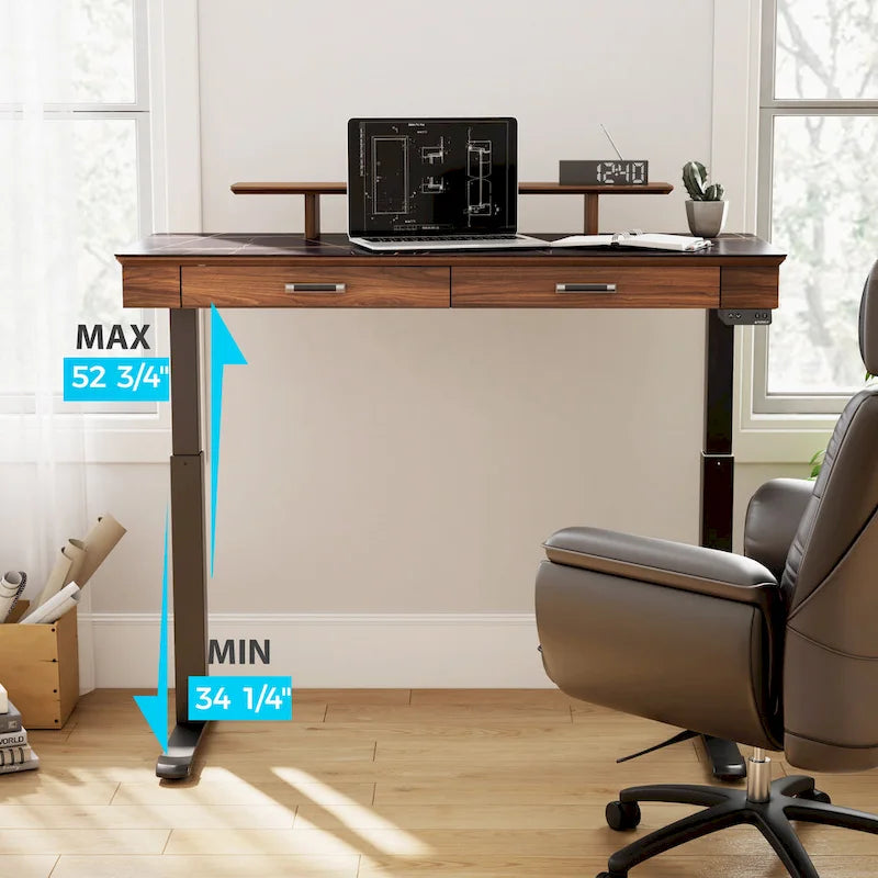 Bureau assis-debout ergonomique Eureka 55 couleur ardoise, avec 2 tiroirs et support pour écran.