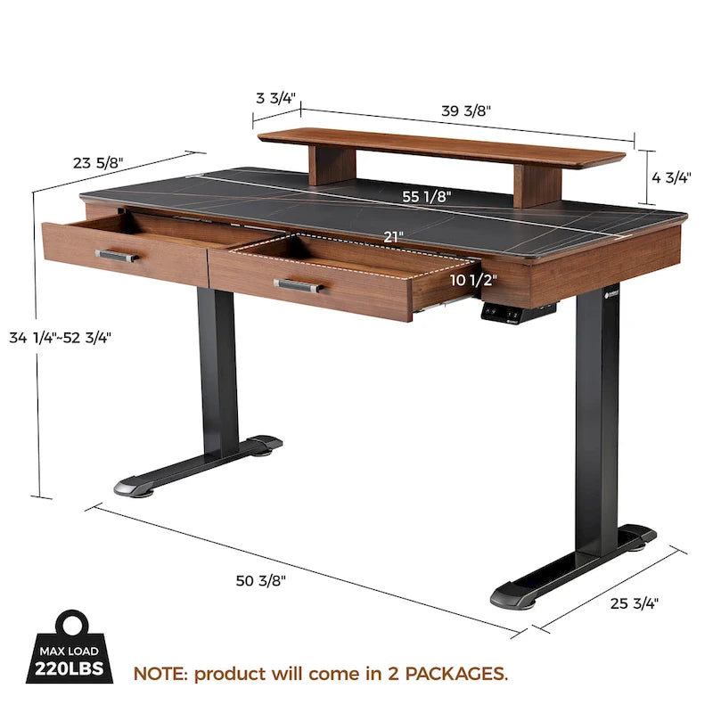 Bureau assis-debout ergonomique Eureka 55 couleur ardoise, avec 2 tiroirs et support pour écran.