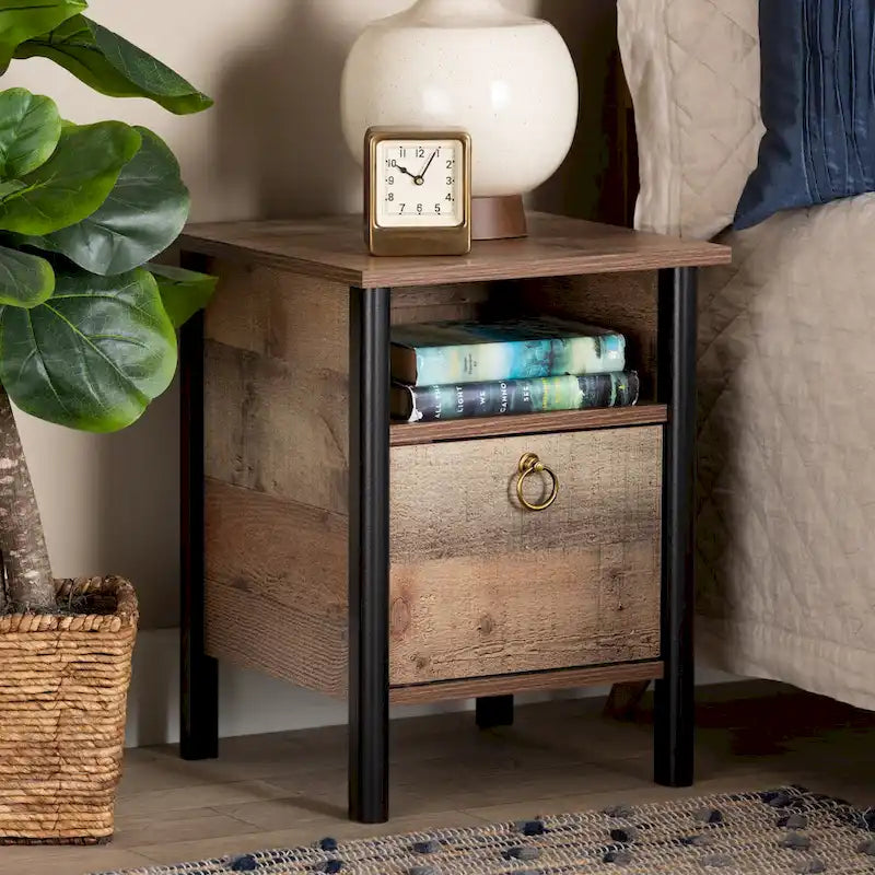 Table de chevet Vaughan moderne rustique en chêne brun et noir