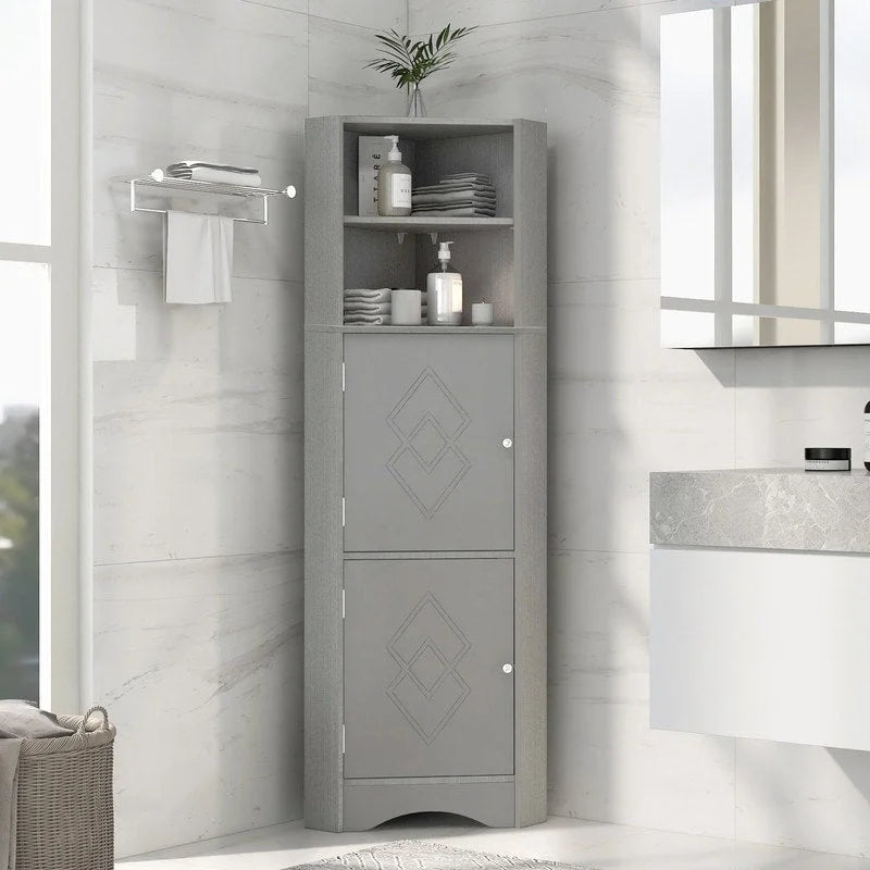 Armoire d'angle haute Home avec 2 portes et 2 niveaux d'étagères extérieures, meuble de rangement autoportant avec étagères réglables