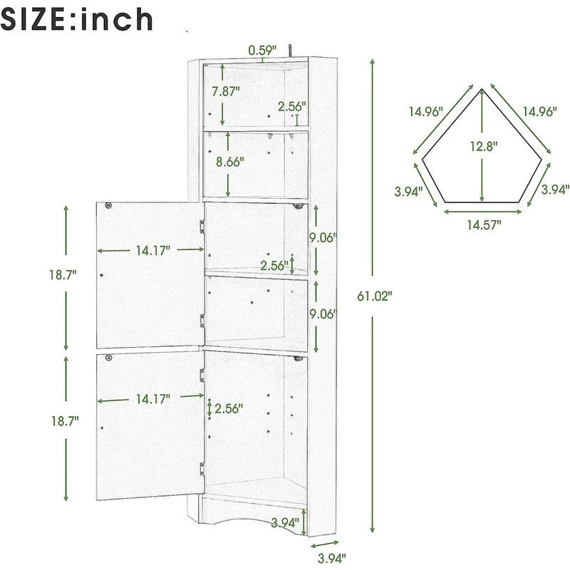 Armoire d'angle haute Home avec 2 portes et 2 niveaux d'étagères extérieures, meuble de rangement autoportant avec étagères réglables