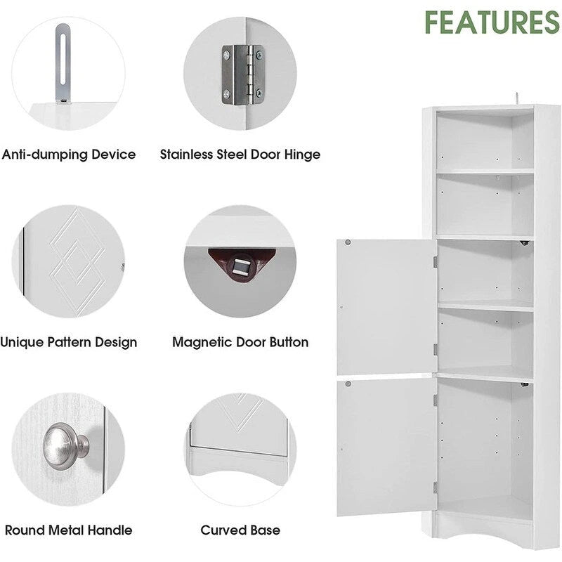 Armoire d'angle haute Home avec 2 portes et 2 niveaux d'étagères extérieures, meuble de rangement autoportant avec étagères réglables