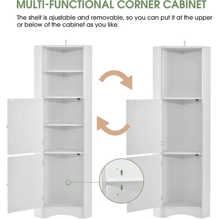 Armoire d'angle haute Home avec 2 portes et 2 niveaux d'étagères extérieures, meuble de rangement autoportant avec étagères réglables