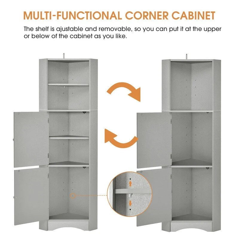 Armoire d'angle haute Home avec 2 portes et 2 niveaux d'étagères extérieures, meuble de rangement autoportant avec étagères réglables