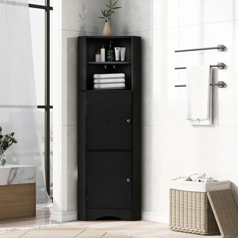 Armoire d'angle haute Home avec 2 portes et 2 niveaux d'étagères extérieures, meuble de rangement autoportant avec étagères réglables