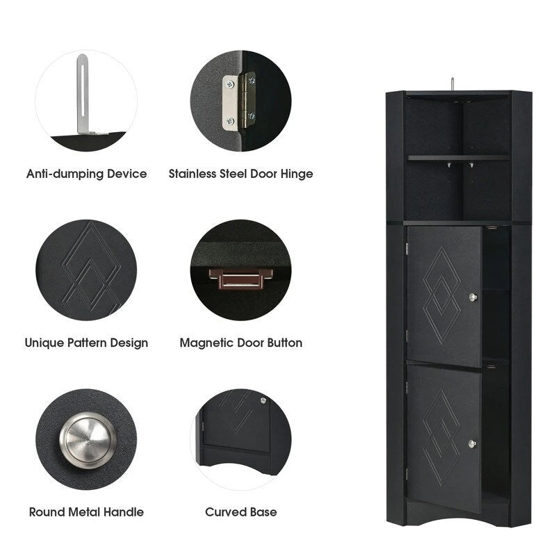 Armoire d'angle haute Home avec 2 portes et 2 niveaux d'étagères extérieures, meuble de rangement autoportant avec étagères réglables