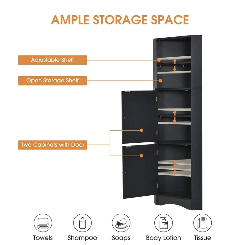 Armoire d'angle haute Home avec 2 portes et 2 niveaux d'étagères extérieures, meuble de rangement autoportant avec étagères réglables