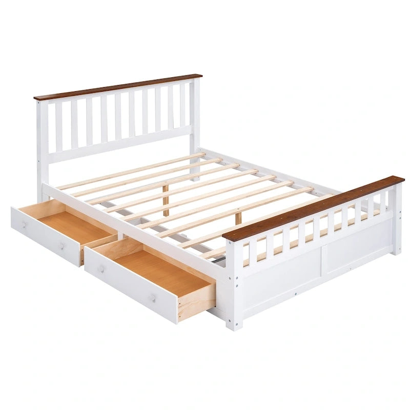 Lit plateforme en bois Queen Size avec deux tiroirs et sommier à lattes, blanc et noyer