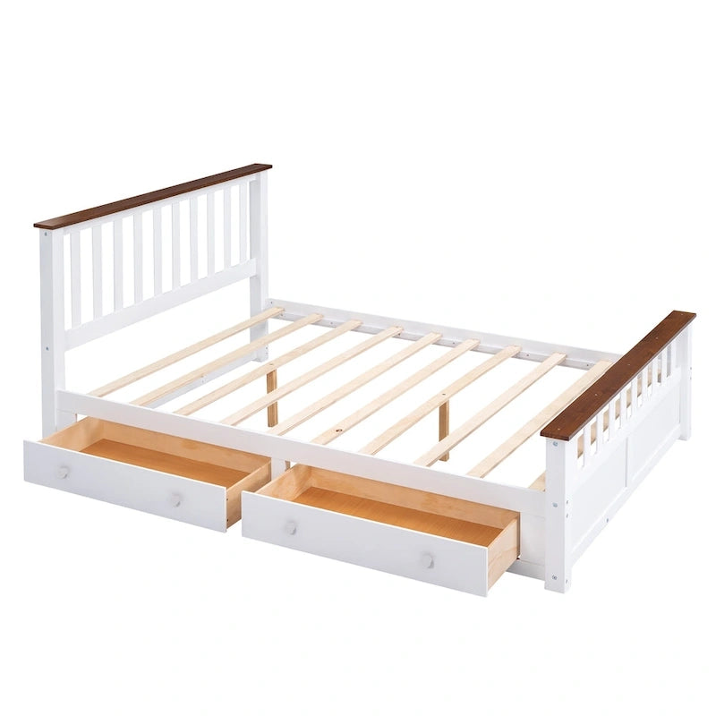 Lit plateforme en bois Queen Size avec deux tiroirs et sommier à lattes, blanc et noyer