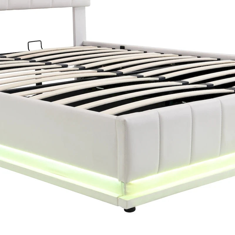 Lit Queen Size capitonné avec système de rangement hydraulique et éclairage LED, lit plateforme moderne avec prises et ports USB, noir