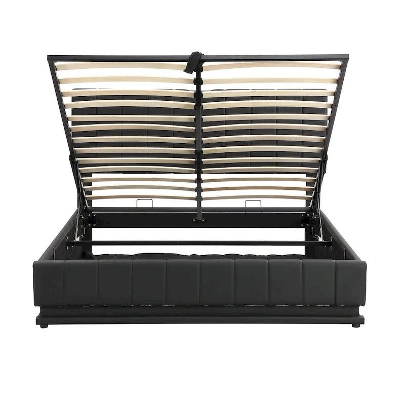 Lit Queen Size capitonné avec système de rangement hydraulique et éclairage LED, lit plateforme moderne avec prises et ports USB, noir