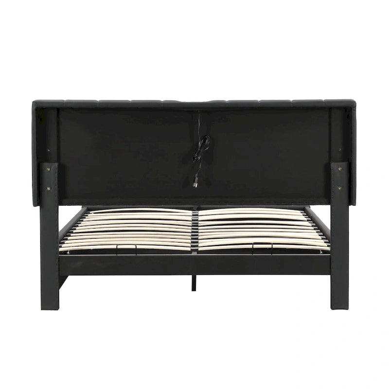 Lit Queen Size capitonné avec système de rangement hydraulique et éclairage LED, lit plateforme moderne avec prises et ports USB, noir