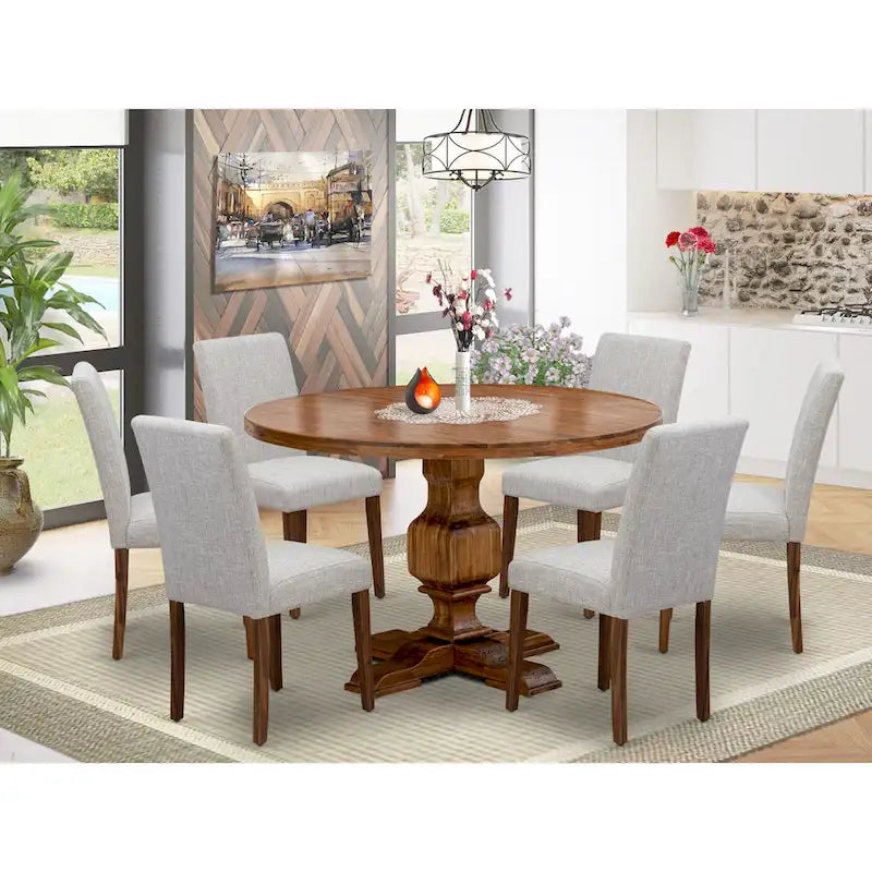 Ensemble de salle à manger East West Furniture : table ronde et chaises Parson en peau de daim, noyer antique (option pièces).
