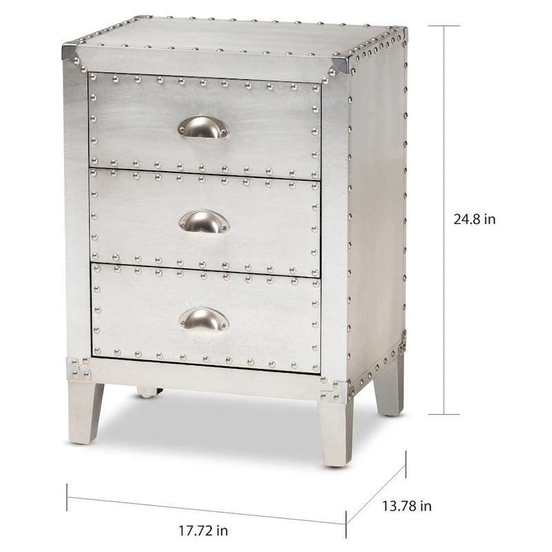 Table d'appoint à 3 tiroirs Claude, style industriel français, en métal argenté, par Baxton Studio