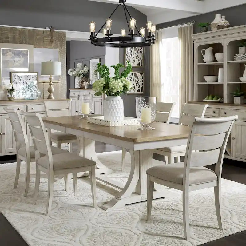 Ensemble de table à tréteaux 7 pièces blanc antique revisité