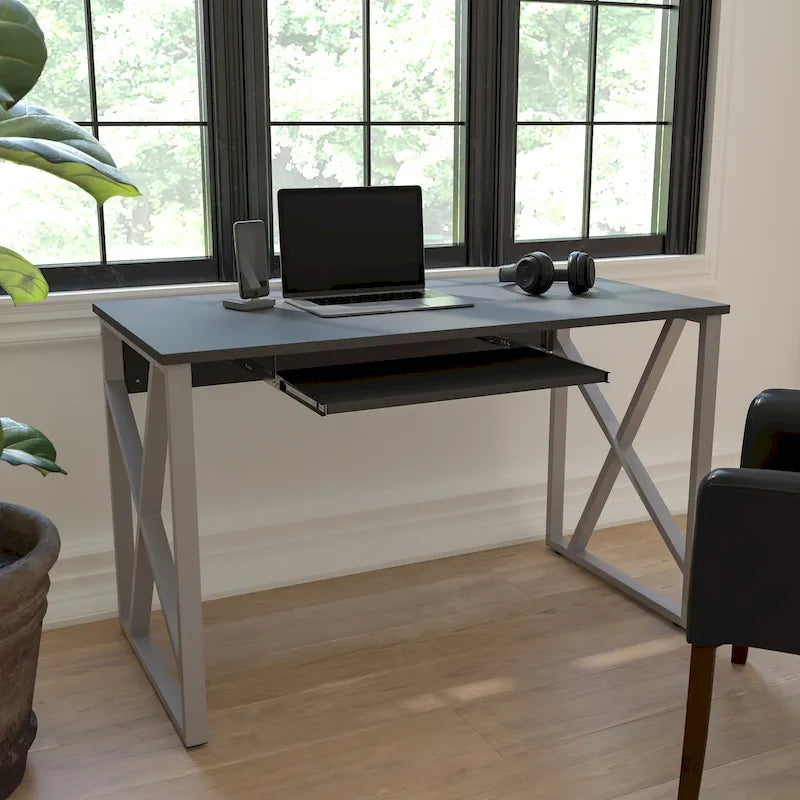 Bureau d'ordinateur avec plateau coulissant pour clavier et structure en croix