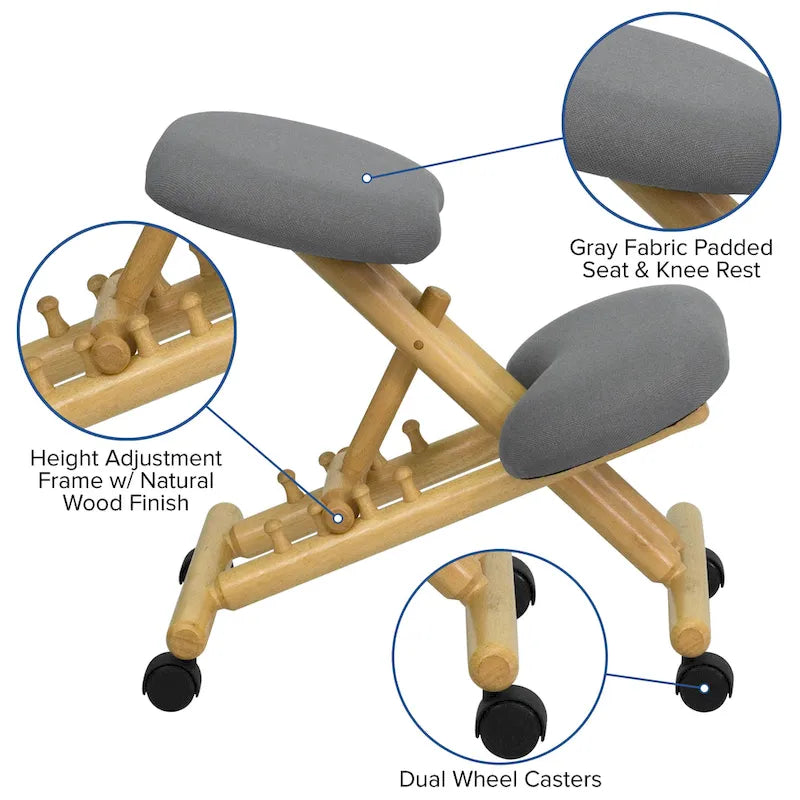 Chaise de bureau ergonomique mobile en bois, à genoux, revêtue de tissu gris