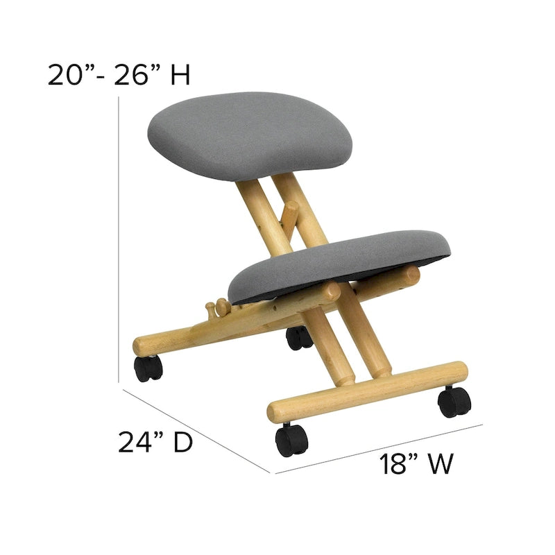Chaise de bureau ergonomique mobile en bois, à genoux, revêtue de tissu gris