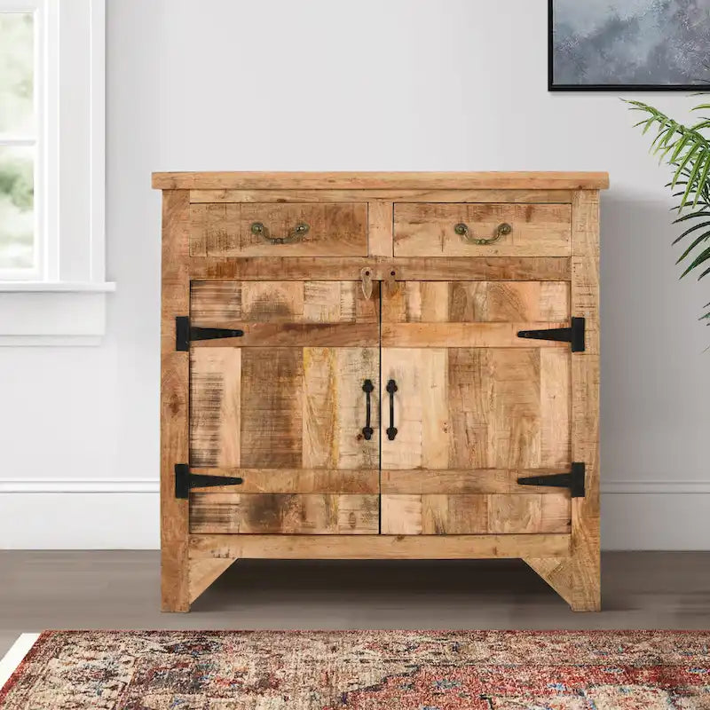 Console de style ferme artisanale de 99 cm (39 pouces) en bois de manguier, avec 2 tiroirs et 2 portes de rangement, couleur marron rustique