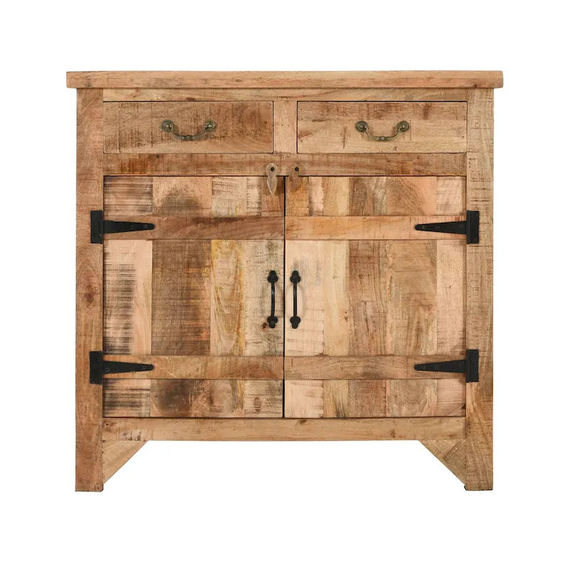 Console de style ferme artisanale de 99 cm (39 pouces) en bois de manguier, avec 2 tiroirs et 2 portes de rangement, couleur marron rustique
