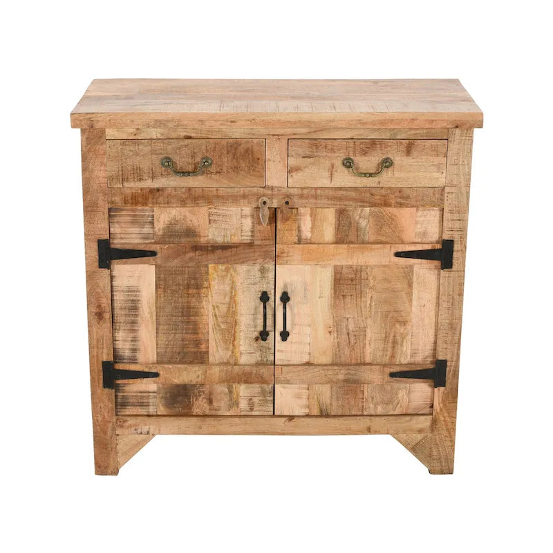 Console de style ferme artisanale de 99 cm (39 pouces) en bois de manguier, avec 2 tiroirs et 2 portes de rangement, couleur marron rustique