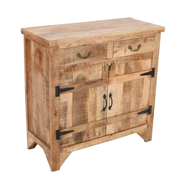 Console de style ferme artisanale de 99 cm (39 pouces) en bois de manguier, avec 2 tiroirs et 2 portes de rangement, couleur marron rustique
