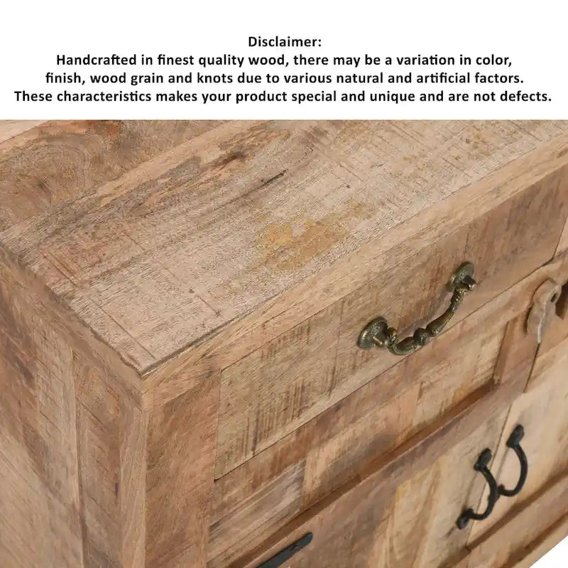 Console de style ferme artisanale de 99 cm (39 pouces) en bois de manguier, avec 2 tiroirs et 2 portes de rangement, couleur marron rustique