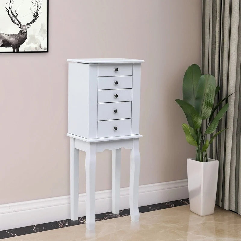 Armoire à bijoux sur pied avec miroir, 5 tiroirs, 8 crochets pour colliers et 2 portes latérales battantes (blanche)