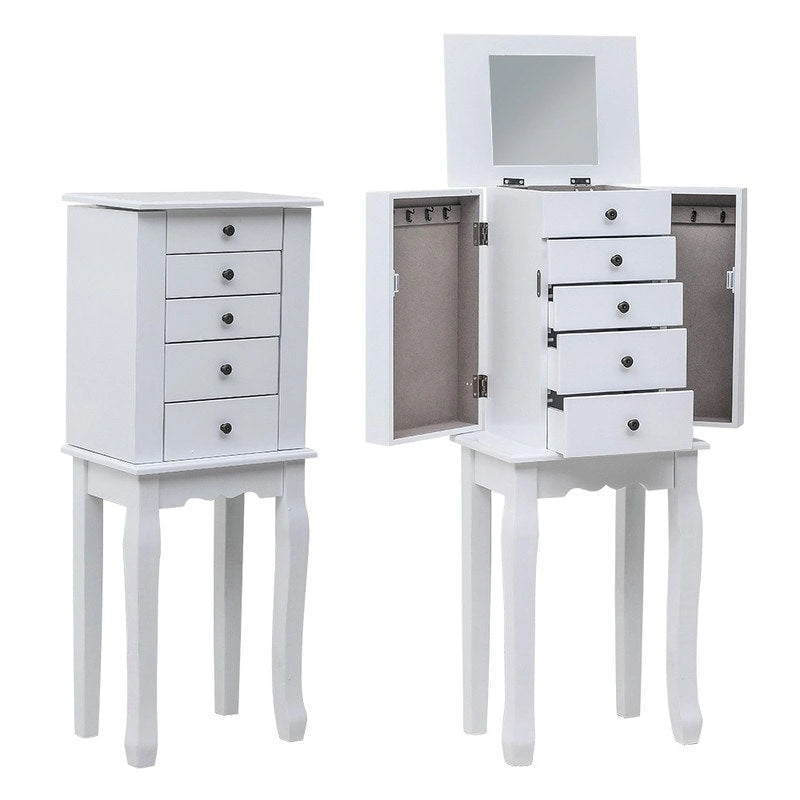 Armoire à bijoux sur pied avec miroir, 5 tiroirs, 8 crochets pour colliers et 2 portes latérales battantes (blanche)