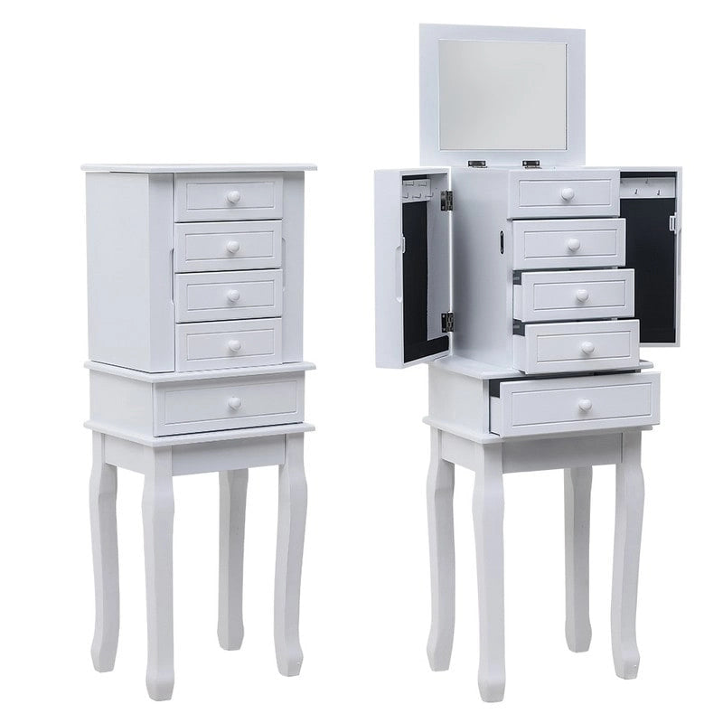 Armoire à bijoux sur pied avec miroir, 5 tiroirs, 8 crochets pour colliers et 2 portes latérales battantes (blanche)