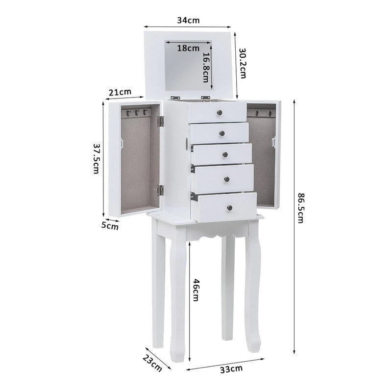 Armoire à bijoux sur pied avec miroir, 5 tiroirs, 8 crochets pour colliers et 2 portes latérales battantes (blanche)