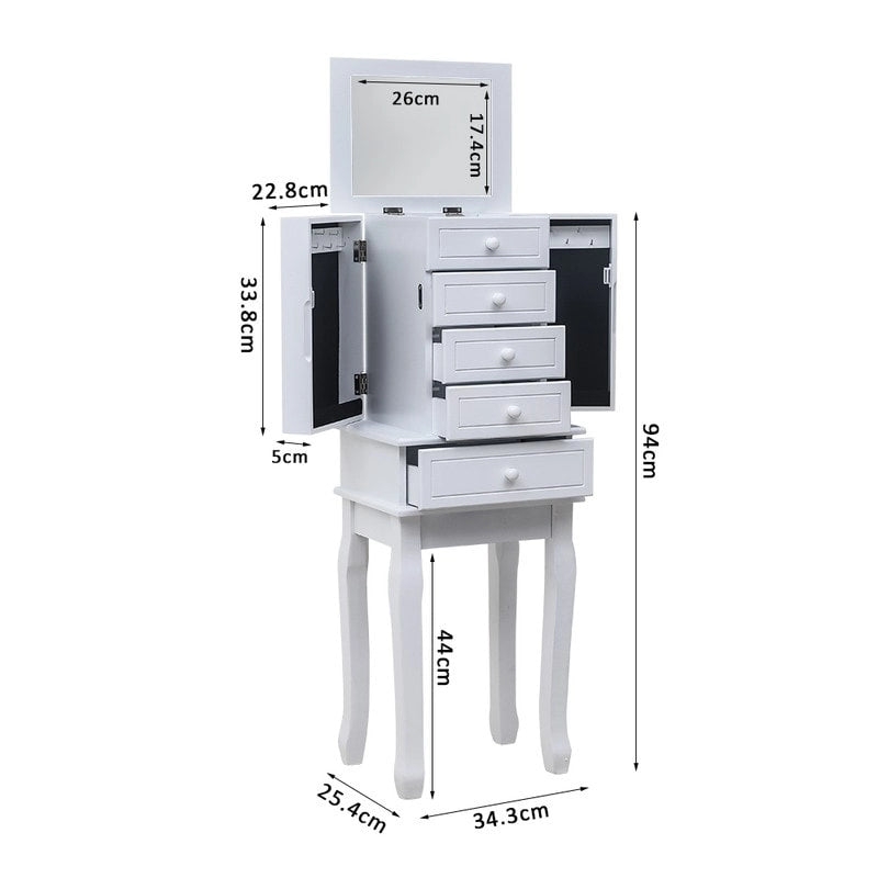 Armoire à bijoux sur pied avec miroir, 5 tiroirs, 8 crochets pour colliers et 2 portes latérales battantes (blanche)
