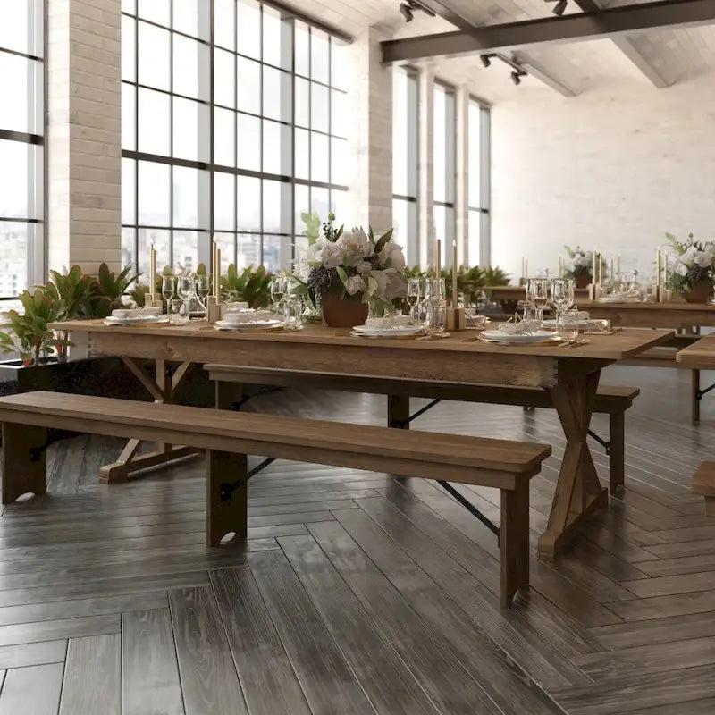Table de salle à manger de ferme en pin massif avec pieds en X - 2,74 m x 101,6 cm