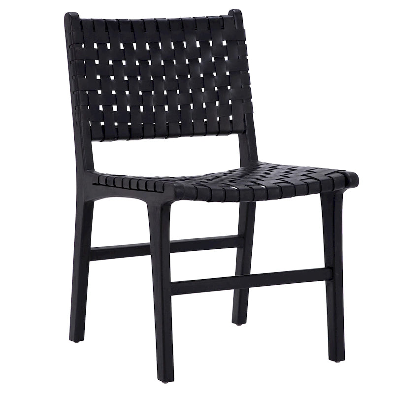 Chaise de salle à manger Maverick en cuir pleine fleur tissé avec structure en teck