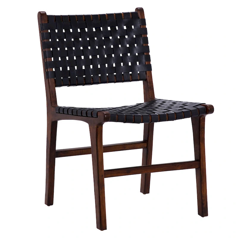 Chaise de salle à manger Maverick en cuir pleine fleur tissé avec structure en teck