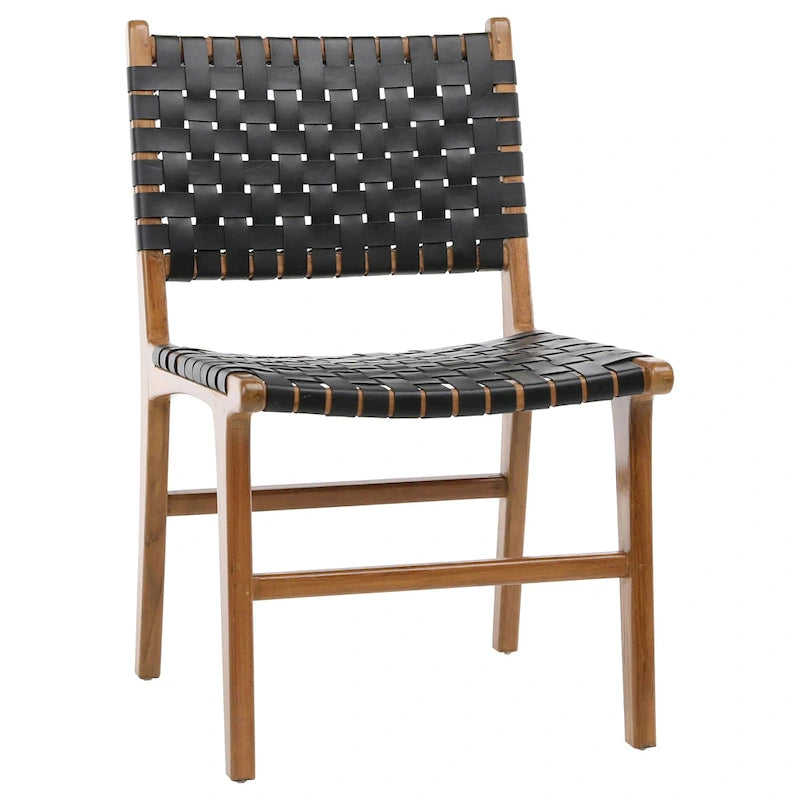 Chaise de salle à manger Maverick en cuir pleine fleur tissé avec structure en teck
