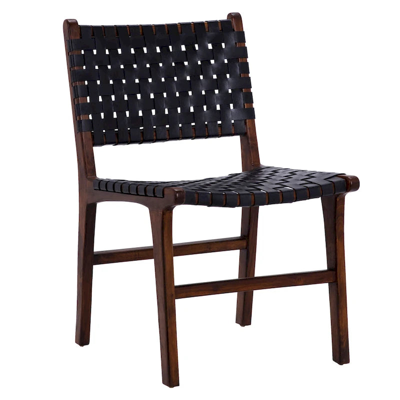 Chaise de salle à manger Maverick en cuir pleine fleur tissé avec structure en teck