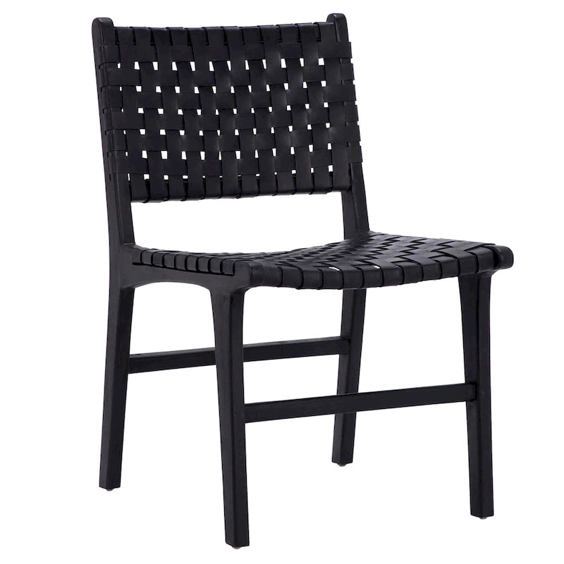 Chaise de salle à manger Maverick en cuir pleine fleur tissé avec structure en teck