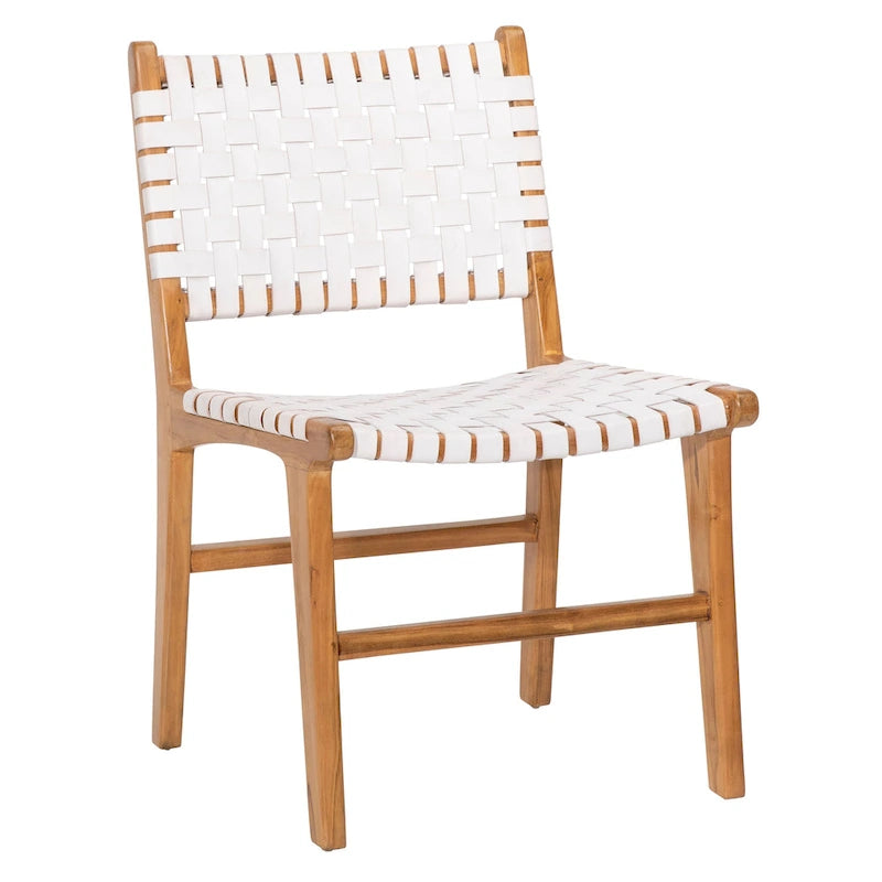 Chaise de salle à manger Maverick en cuir pleine fleur tissé avec structure en teck