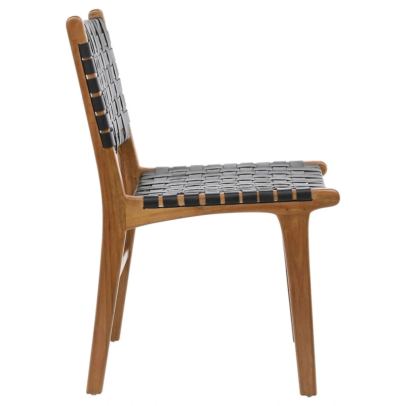 Chaise de salle à manger Maverick en cuir pleine fleur tissé avec structure en teck