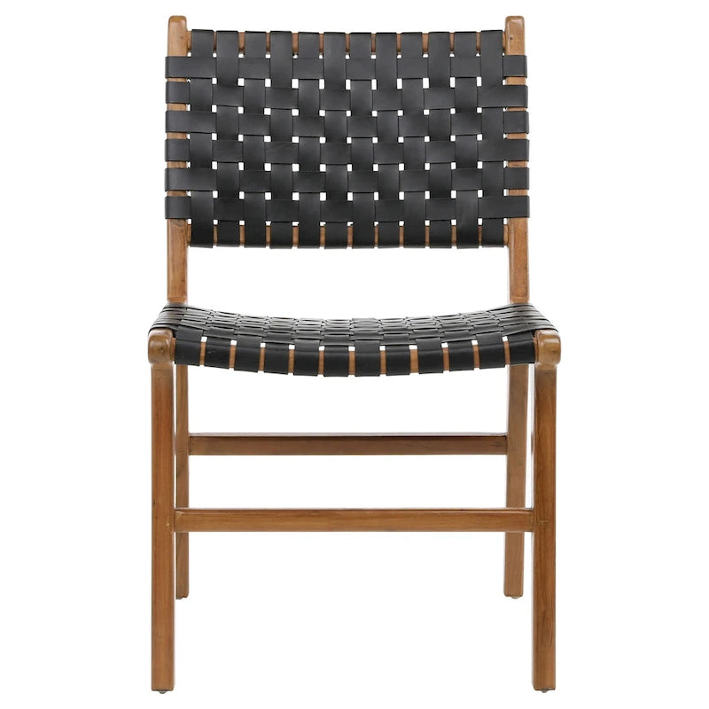 Chaise de salle à manger Maverick en cuir pleine fleur tissé avec structure en teck